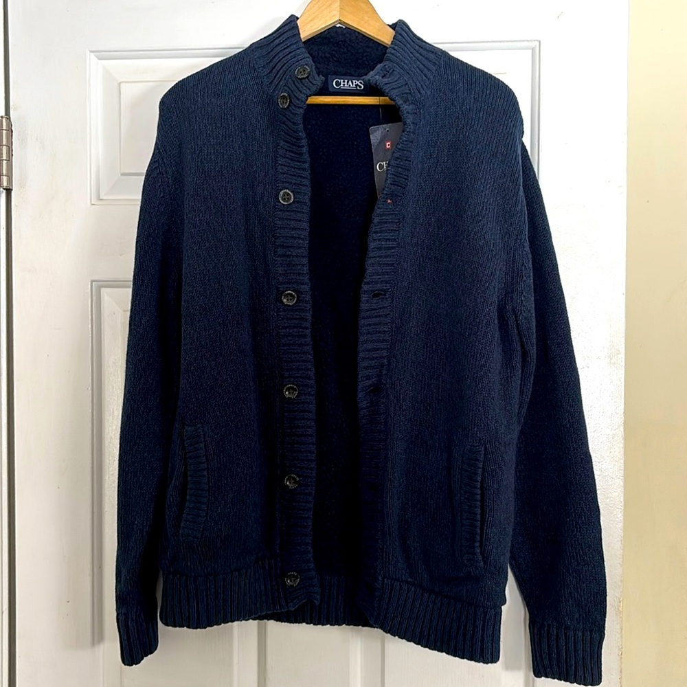 Sweater cardigan button up Sherpa lined medium navy blue w/ pockets NWT